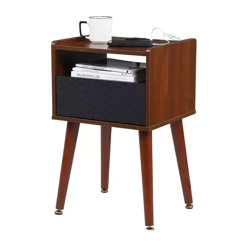 Table d'appoint moderne avec station de charge, Table de chevet en bois avec tiroir, Table d'appoint de canapé pour salon ou chambre à coucher