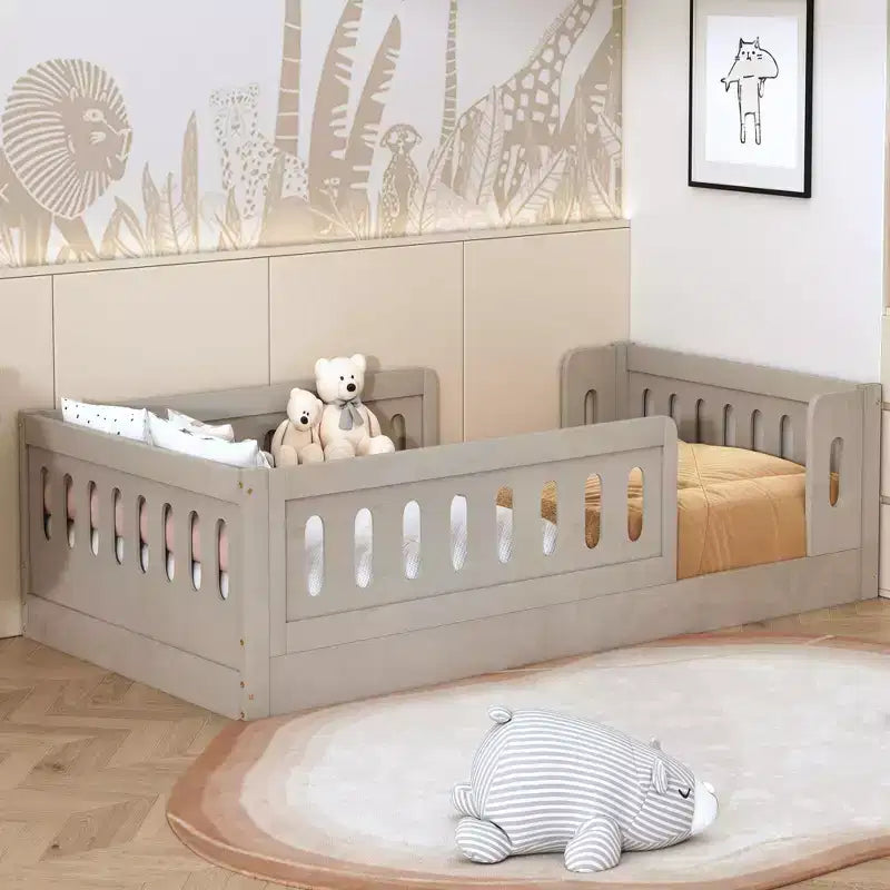 Lit plateforme au ras du sol double pour enfants, cadre de lit plateforme Montessori en bois avec barrière de sécurité pour enfant