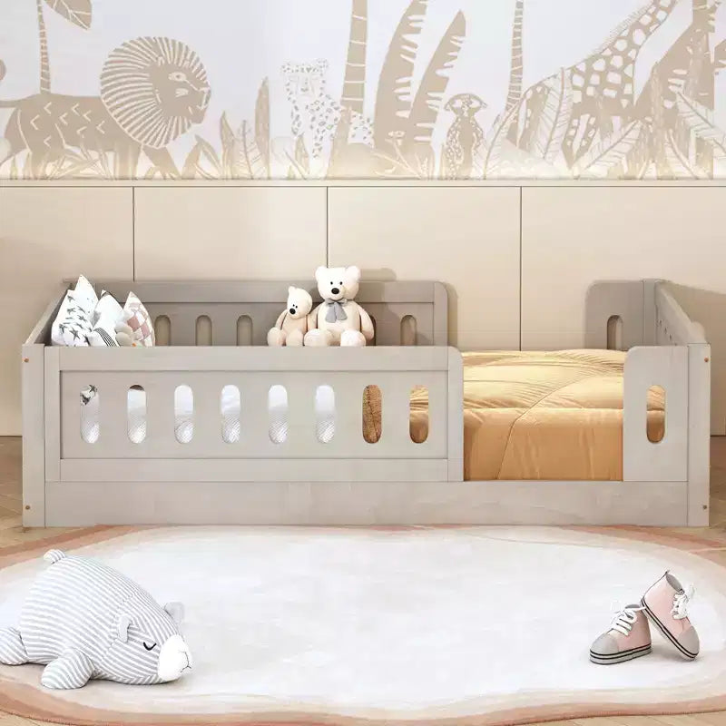 Lit plateforme au ras du sol double pour enfants, cadre de lit plateforme Montessori en bois avec barrière de sécurité pour enfant