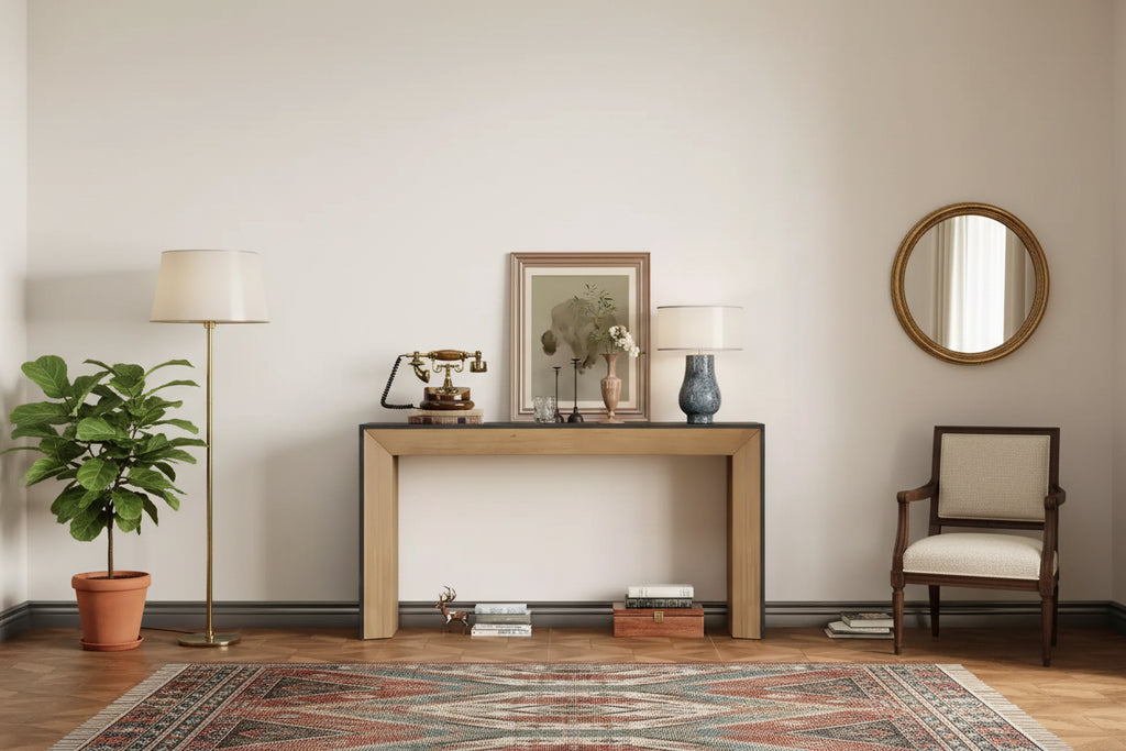 Élégante Console avec Design de Cheminée, Table d'Entrée Fonctionnelle avec Dessus en Placage Bois, Table d'Appoint pour Salon, Couloir