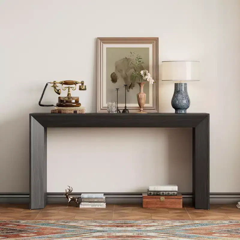 Élégante Console avec Design de Cheminée, Table d'Entrée Fonctionnelle avec Dessus en Placage Bois, Table d'Appoint pour Salon, Couloir