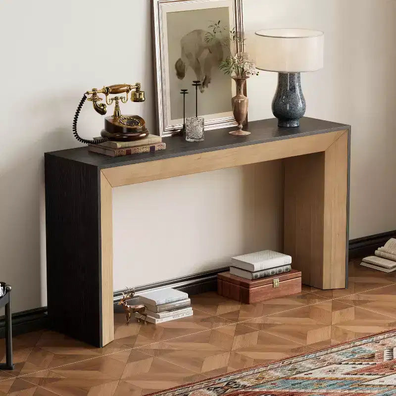 Élégante Console avec Design de Cheminée, Table d'Entrée Fonctionnelle avec Dessus en Placage Bois, Table d'Appoint pour Salon, Couloir