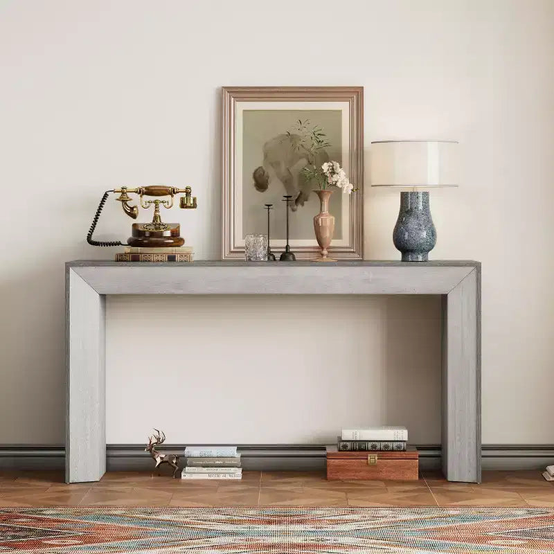 Okak Elegant Console Table with Fireplace Design, Functional Entryway Table with Wood Veneer Top, Accent Table for Living Room, Hallway