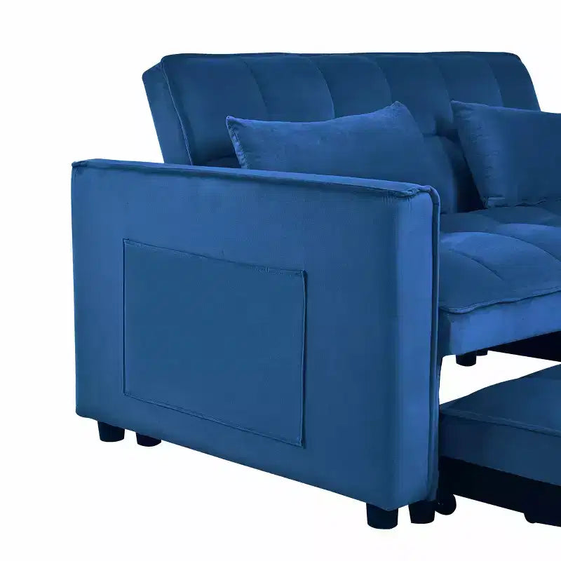Canapé-lit convertible moderne, en velours avec dossier réglable et poches oreiller pour salon, bleu