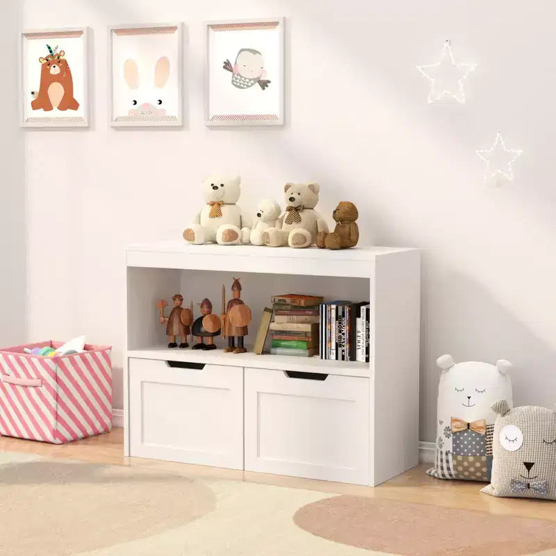 Whisen Toy Storage Cabinet Organizer & Book Organizer with 2 Drawers, Open Shelves, Large Capacity, Durable MDF - White
