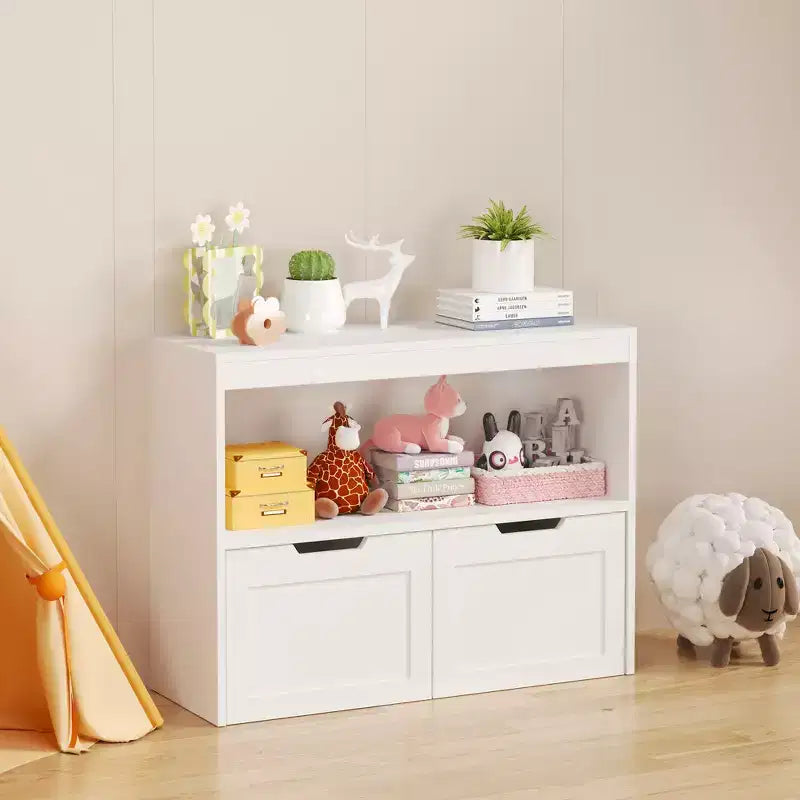 Meuble de rangement pour jouets et organiseur de livres avec 2 tiroirs, étagères ouvertes, grande capacité, MDF durable - Blanc