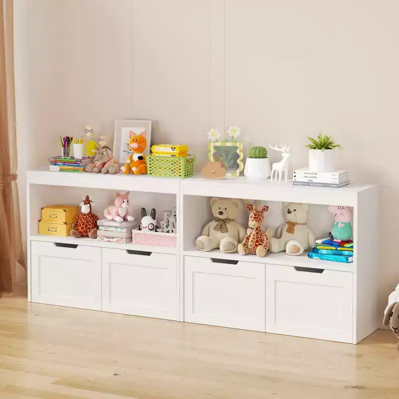 Meuble de rangement pour jouets et organiseur de livres avec 2 tiroirs, étagères ouvertes, grande capacité, MDF durable - Blanc