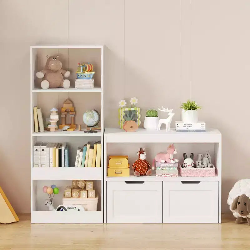 Meuble de rangement pour jouets et organiseur de livres avec 2 tiroirs, étagères ouvertes, grande capacité, MDF durable - Blanc