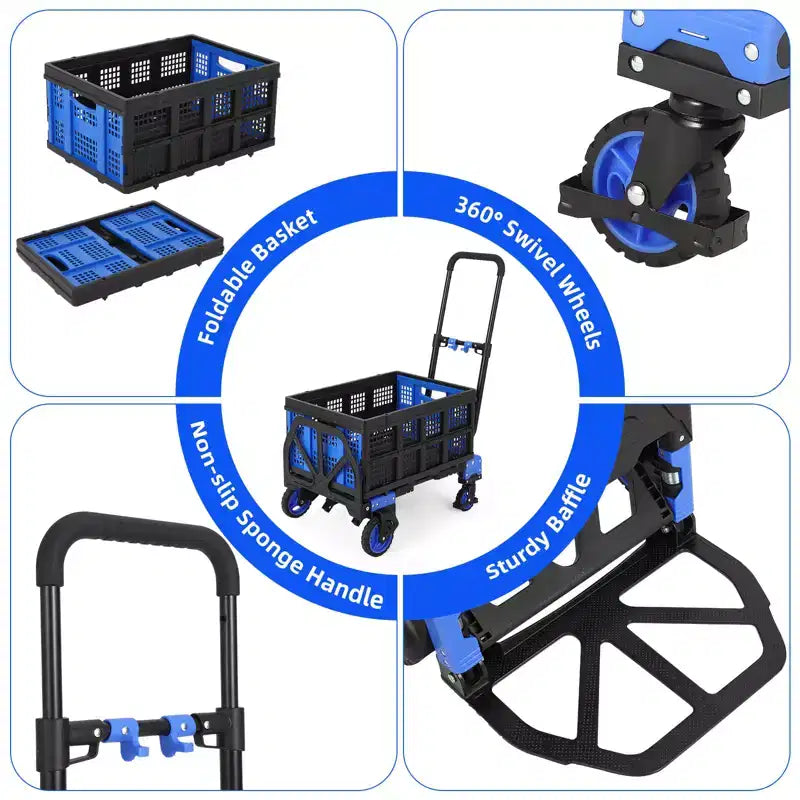 Chariot pliable avec chariot pliant convertible 2 en 1 avec poignée télescopique pour cuisine, entrepôt, extérieur