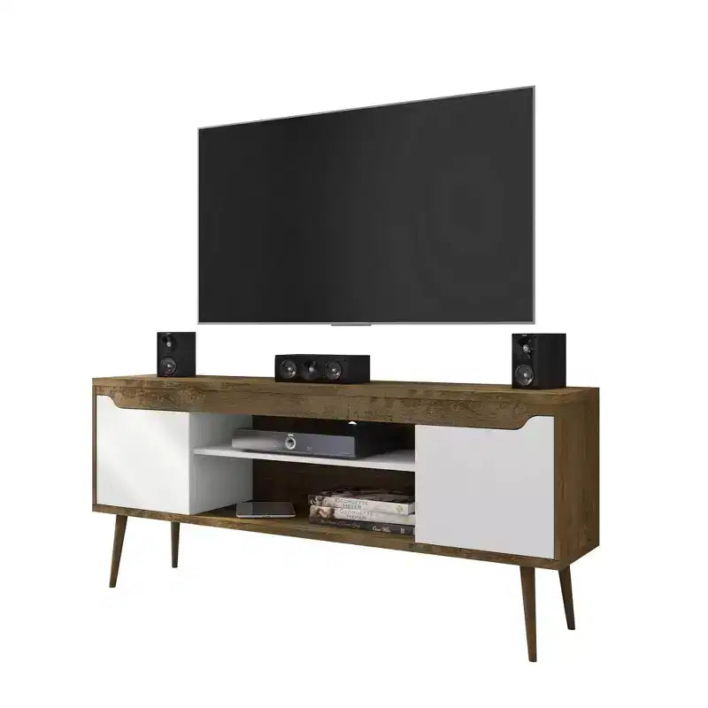 Meuble TV Bradley Mid-Century Modern 63 po avec 2 tablettes ouvertes et 2 portes