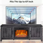 Meuble TV cheminée 67 po avec foyer électrique 23 po, tiroirs style ferme, bois, centre de divertissement moderne pour salon