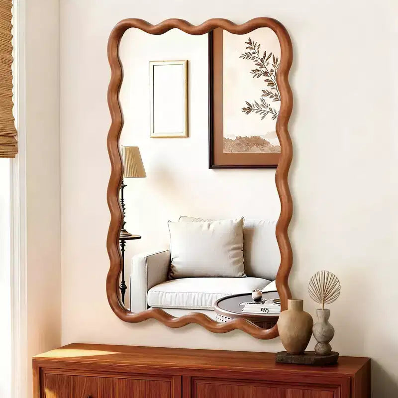PexFix 24 x 36 Wavy Rectangle Solid Wood Frame Decorative Mirror Modern Farmhouse Wall Mirror For Bedroom Bathroom Living Room Entryway Brown