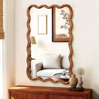 PexFix 24 x 36 Wavy Rectangle Solid Wood Frame Decorative Mirror Modern Farmhouse Wall Mirror For Bedroom Bathroom Living Room Entryway Brown