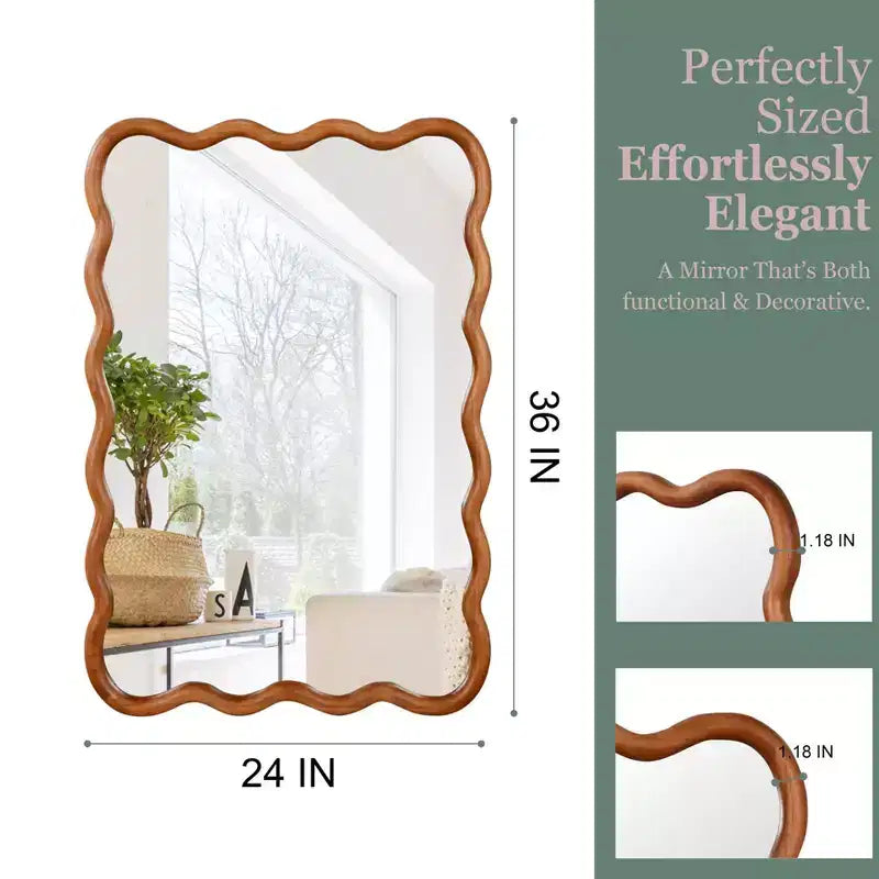 Miroir décoratif encadré en bois massif, rectangle ondulé 24 x 36 po, miroir mural moderne de style ferme pour chambre à coucher, salle de bain, salon, entrée, marron