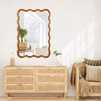 Miroir décoratif encadré en bois massif, rectangle ondulé 24 x 36 po, miroir mural moderne de style ferme pour chambre à coucher, salle de bain, salon, entrée, marron