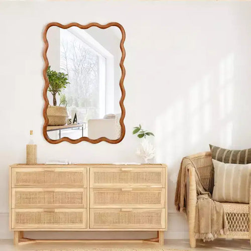 Miroir décoratif encadré en bois massif, rectangle ondulé 24 x 36 po, miroir mural moderne de style ferme pour chambre à coucher, salle de bain, salon, entrée, marron