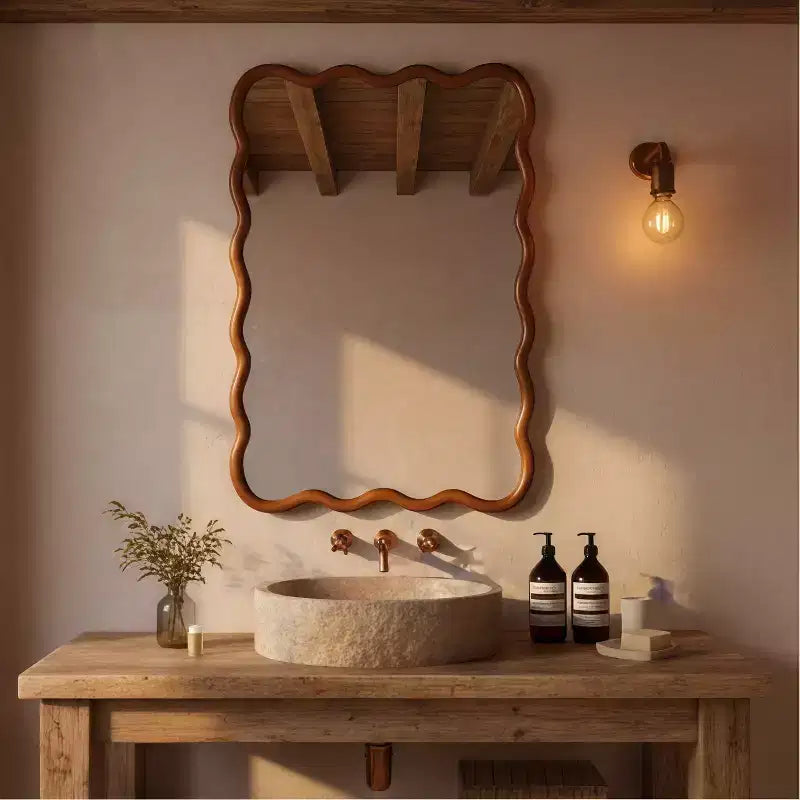 Miroir décoratif encadré en bois massif, rectangle ondulé 24 x 36 po, miroir mural moderne de style ferme pour chambre à coucher, salle de bain, salon, entrée, marron