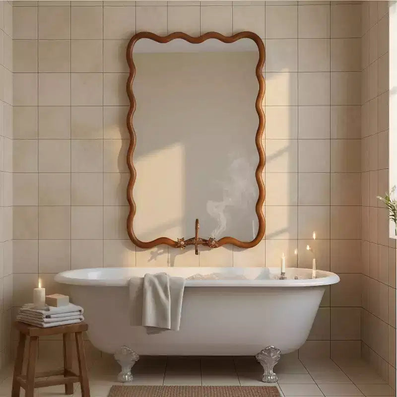 Miroir décoratif encadré en bois massif, rectangle ondulé 24 x 36 po, miroir mural moderne de style ferme pour chambre à coucher, salle de bain, salon, entrée, marron