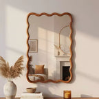 Miroir décoratif encadré en bois massif, rectangle ondulé 24 x 36 po, miroir mural moderne de style ferme pour chambre à coucher, salle de bain, salon, entrée, marron