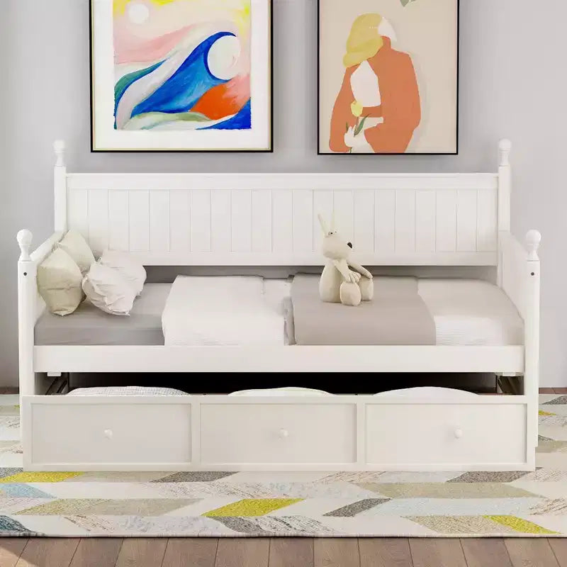Lit de repos double avec rangement trois tiroirs, cadre de lit de repos double en bois pour chambre à coucher, blanc