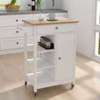 Desserte moderne à îlot de cuisine avec étagères réglables, tiroir central et roulettes, buffet de rangement