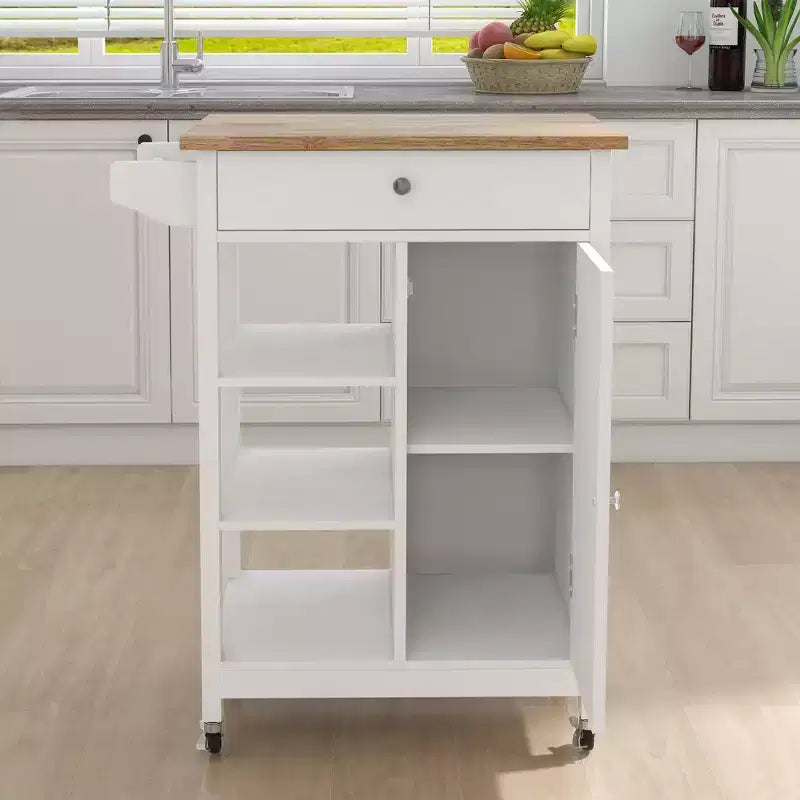 Desserte moderne à îlot de cuisine avec étagères réglables, tiroir central et roulettes, buffet de rangement