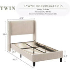Cadre de lit double avec tête de lit et oreilles, revêtement en velours à rayures verticales, 2 poches de rangement, support à lattes en bois, beige