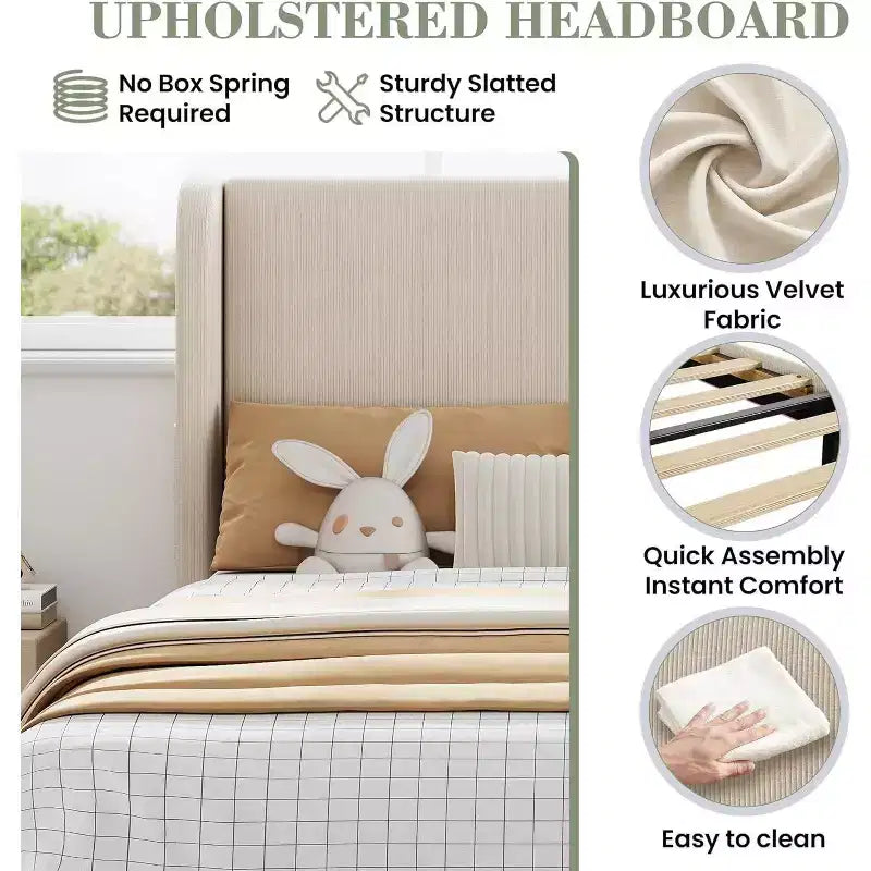 Cadre de lit double avec tête de lit et oreilles, revêtement en velours à rayures verticales, 2 poches de rangement, support à lattes en bois, beige