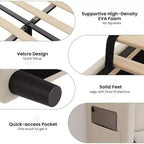 Cadre de lit double avec tête de lit et oreilles, revêtement en velours à rayures verticales, 2 poches de rangement, support à lattes en bois, beige