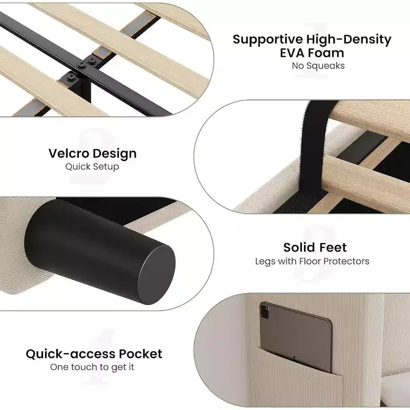 Cadre de lit double avec tête de lit et oreilles, revêtement en velours à rayures verticales, 2 poches de rangement, support à lattes en bois, beige