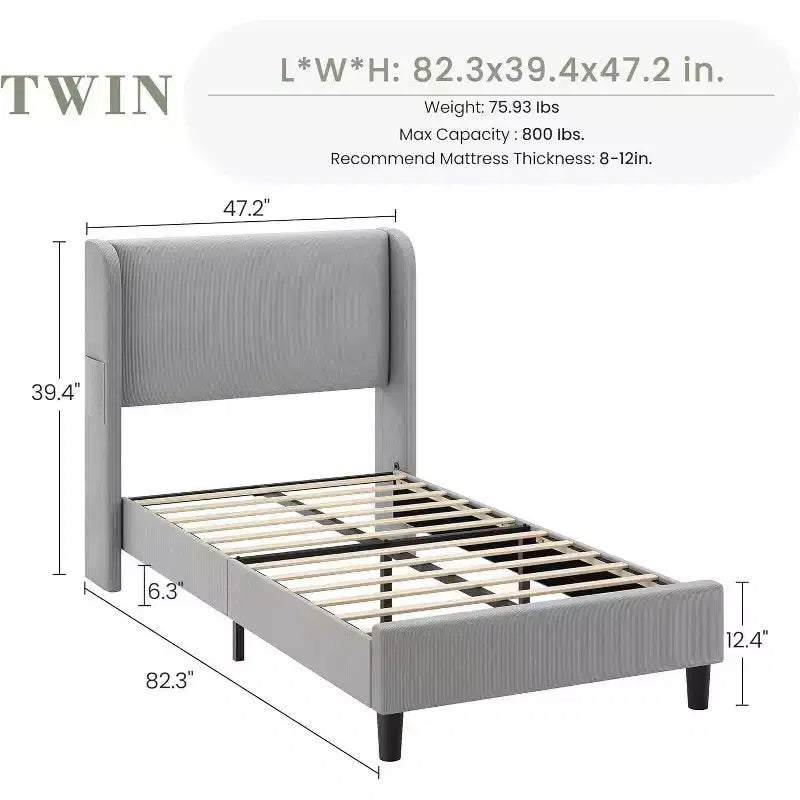 Cadre de lit double avec tête de lit et oreilles, revêtement en velours à rayures verticales, 2 poches de rangement, support à lattes en bois, beige