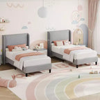 Cadre de lit double avec tête de lit et oreilles, revêtement en velours à rayures verticales, 2 poches de rangement, support à lattes en bois, beige