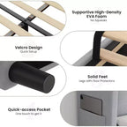 Cadre de lit double avec tête de lit et oreilles, revêtement en velours à rayures verticales, 2 poches de rangement, support à lattes en bois, beige