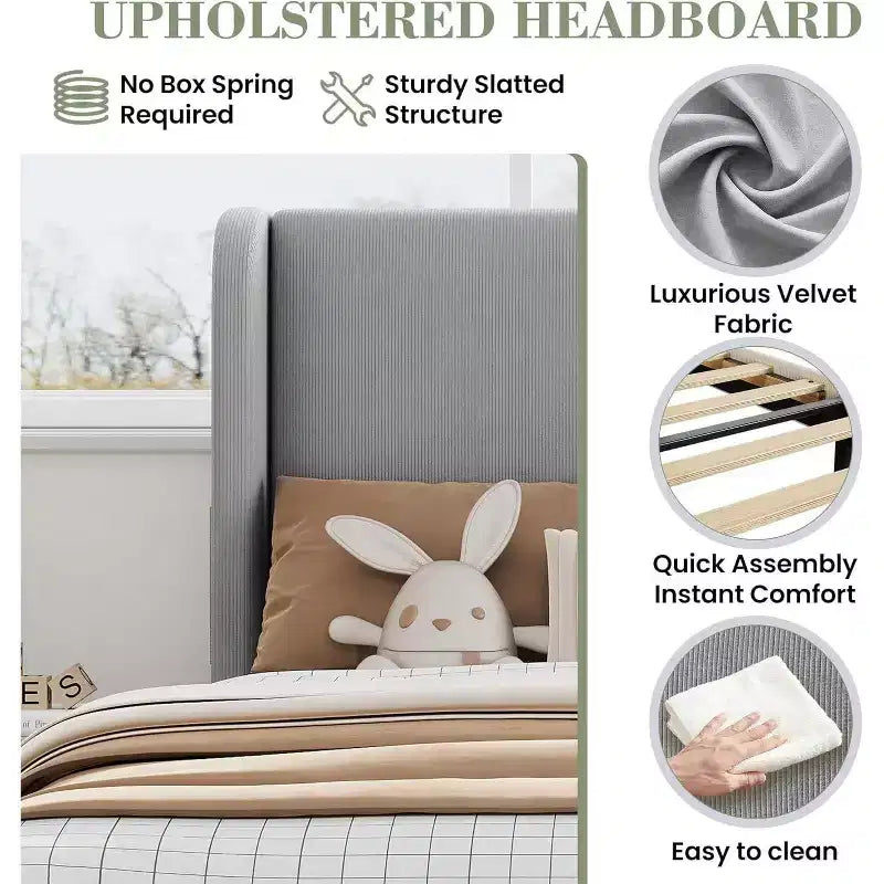 Cadre de lit double avec tête de lit et oreilles, revêtement en velours à rayures verticales, 2 poches de rangement, support à lattes en bois, beige