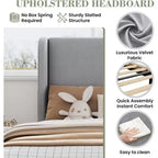 Cadre de lit double avec tête de lit et oreilles, revêtement en velours à rayures verticales, 2 poches de rangement, support à lattes en bois, beige