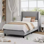 Cadre de lit double avec tête de lit et oreilles, revêtement en velours à rayures verticales, 2 poches de rangement, support à lattes en bois, beige