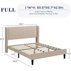 Cadre de lit double avec tête de lit et oreilles, revêtement en velours à rayures verticales, 2 poches de rangement, support à lattes en bois, beige