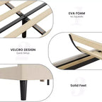 Cadre de lit double avec tête de lit et oreilles, revêtement en velours à rayures verticales, 2 poches de rangement, support à lattes en bois, beige