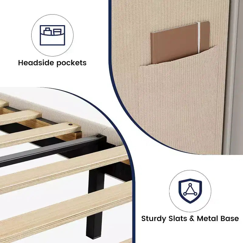Cadre de lit double avec tête de lit et oreilles, revêtement en velours à rayures verticales, 2 poches de rangement, support à lattes en bois, beige