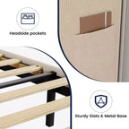 Cadre de lit double avec tête de lit et oreilles, revêtement en velours à rayures verticales, 2 poches de rangement, support à lattes en bois, beige