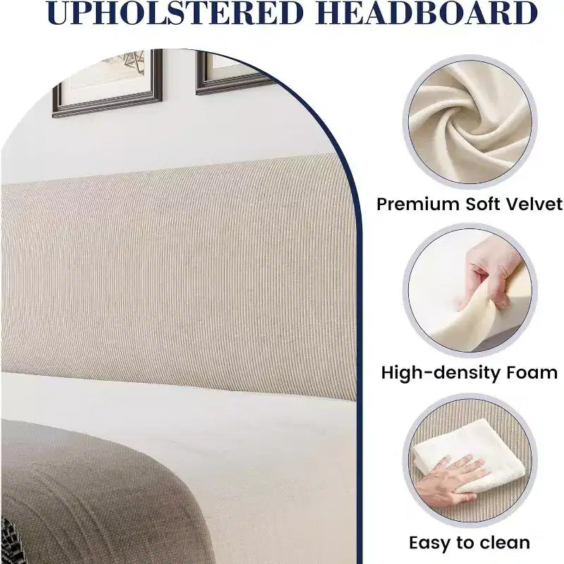 Cadre de lit double avec tête de lit et oreilles, revêtement en velours à rayures verticales, 2 poches de rangement, support à lattes en bois, beige