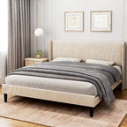 Cadre de lit double avec tête de lit et oreilles, revêtement en velours à rayures verticales, 2 poches de rangement, support à lattes en bois, beige
