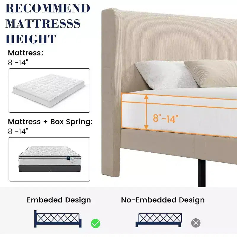 Cadre de lit double avec tête de lit et oreilles, revêtement en velours à rayures verticales, 2 poches de rangement, support à lattes en bois, beige