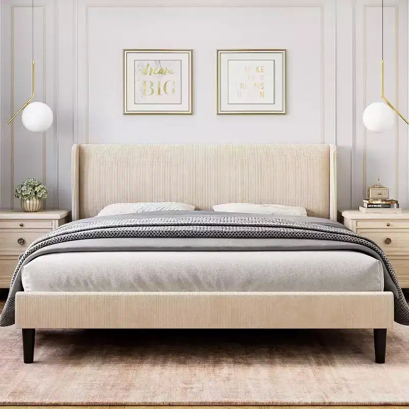 Acekool Full Bed Frame with Headboard and Wingback, Elegant Vertical Stripe Velvet Upholstery,2 Storage Pockets, Wood Slat Support,Beige