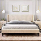 Acekool Full Bed Frame with Headboard and Wingback, Elegant Vertical Stripe Velvet Upholstery,2 Storage Pockets, Wood Slat Support,Beige