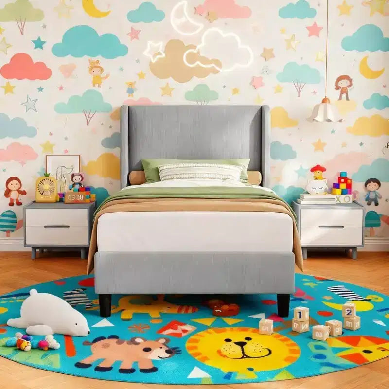 Cadre de lit double avec tête de lit et oreilles, revêtement en velours à rayures verticales, 2 poches de rangement, support à lattes en bois, beige