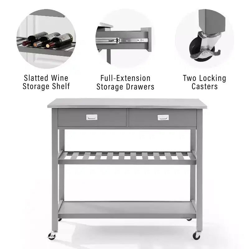 Îlot de cuisine en acier inoxydable de 94 cm de hauteur avec 2 étagères pour cuisine modulaire