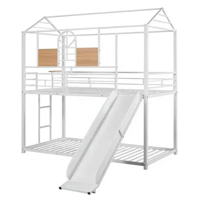 Lit superposé cabane en métal avec toboggan et étagère pour chambre d'enfant