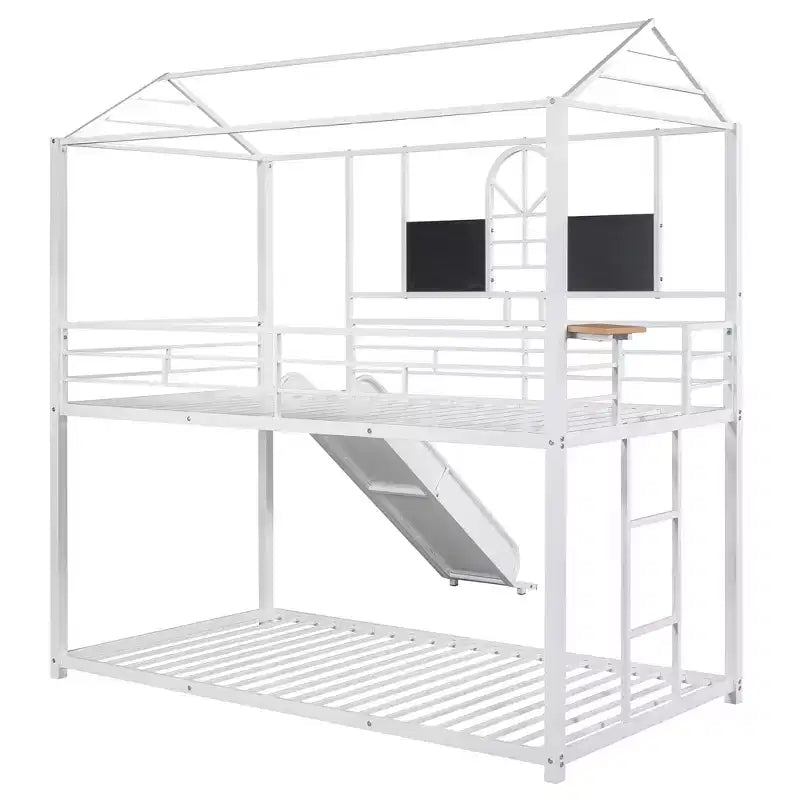 Lit superposé cabane en métal avec toboggan et étagère pour chambre d'enfant