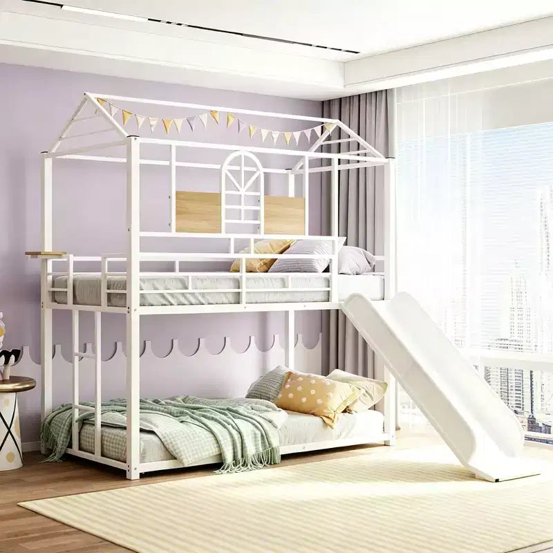 Lit superposé cabane en métal avec toboggan et étagère pour chambre d'enfant
